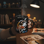Fans Geek Store One Piece heat-changing glass mug featuring Luffy and Ace, held in hand with steam rising