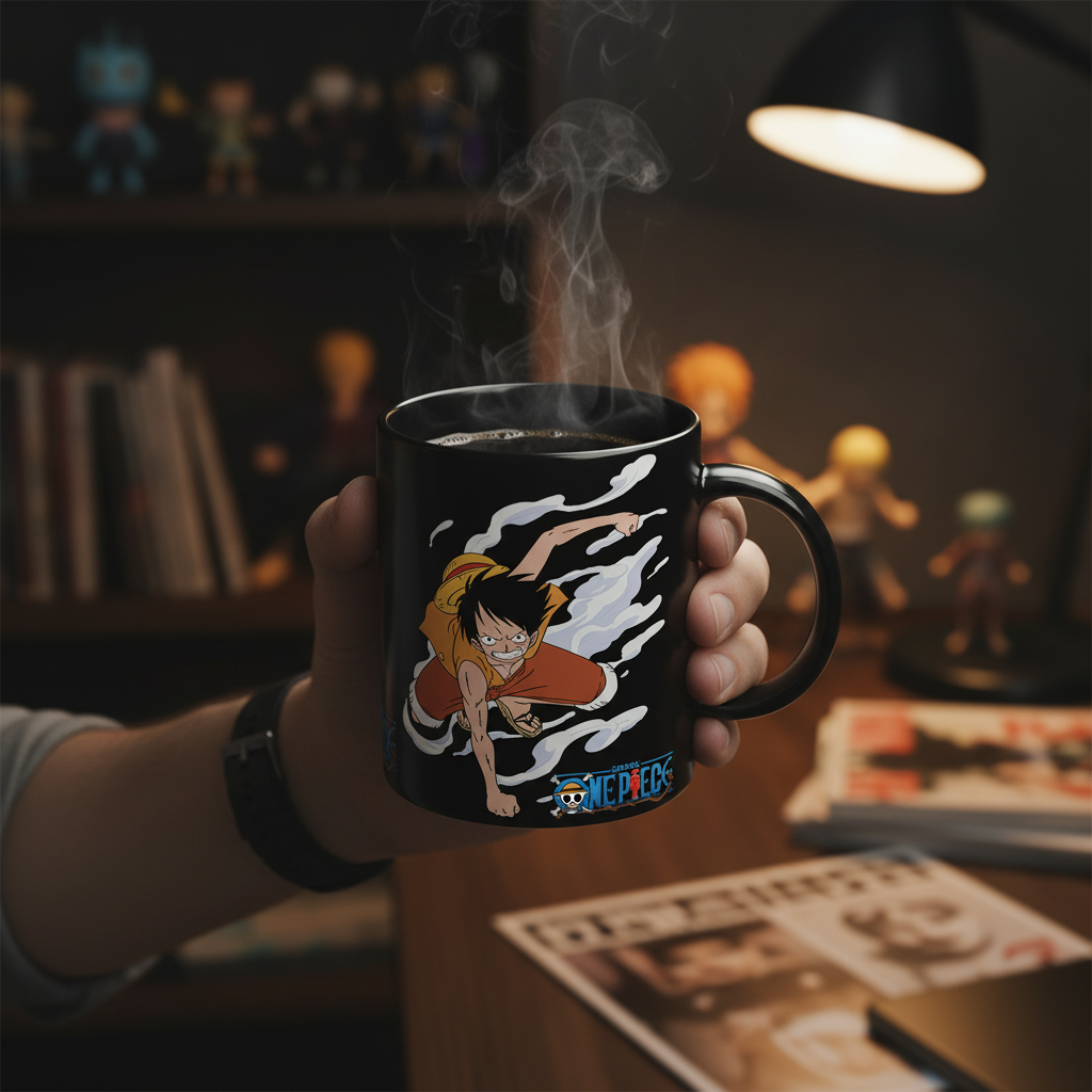 Fans Geek Store One Piece heat-changing glass mug featuring Luffy and Ace, held in hand with steam rising