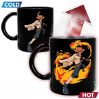 Fans Geek Store One Piece heat-changing glass mug featuring Ace with fire effects when filled with hot liquid