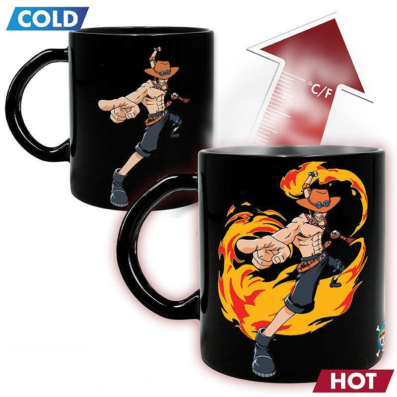 Fans Geek Store One Piece heat-changing glass mug featuring Ace with fire effects when filled with hot liquid