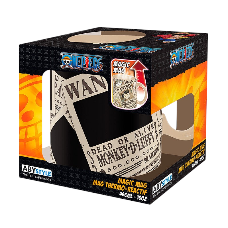 Fans Geek Store One Piece heat-sensitive ceramic mug featuring Monkey D. Luffy wanted poster in display packaging.