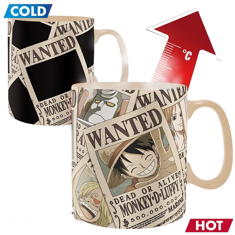 Fans Geek Store heat-sensitive ceramic mug featuring One Piece Straw Hat crew wanted posters appearing when hot