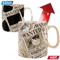 Fans Geek Store heat-sensitive ceramic mug featuring One Piece Straw Hat crew wanted posters appearing when hot