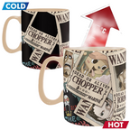 Fans Geek Store One Piece heat-sensitive ceramic mug featuring Straw Hat crew wanted posters that appear when hot