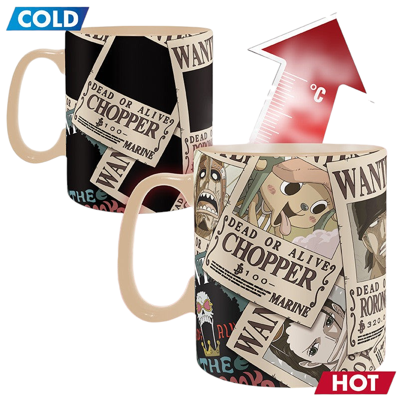 Fans Geek Store One Piece heat-sensitive ceramic mug featuring Straw Hat crew wanted posters that appear when hot