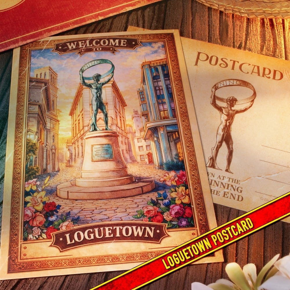 Fans Geek Store One Piece Loguetown postcard featuring a statue in a town square with vintage paper texture.