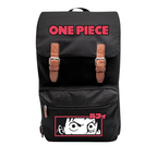 Fans Geek Store black One Piece polyester backpack featuring Monkey D. Luffy graphic and brown buckle details