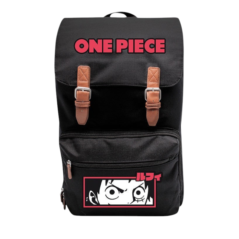 Fans Geek Store black One Piece polyester backpack featuring Monkey D. Luffy graphic and brown buckle details