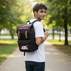 Fans Geek Store One Piece XXL backpack featuring Luffy, black polyester with brown straps, worn by a young man outdoors