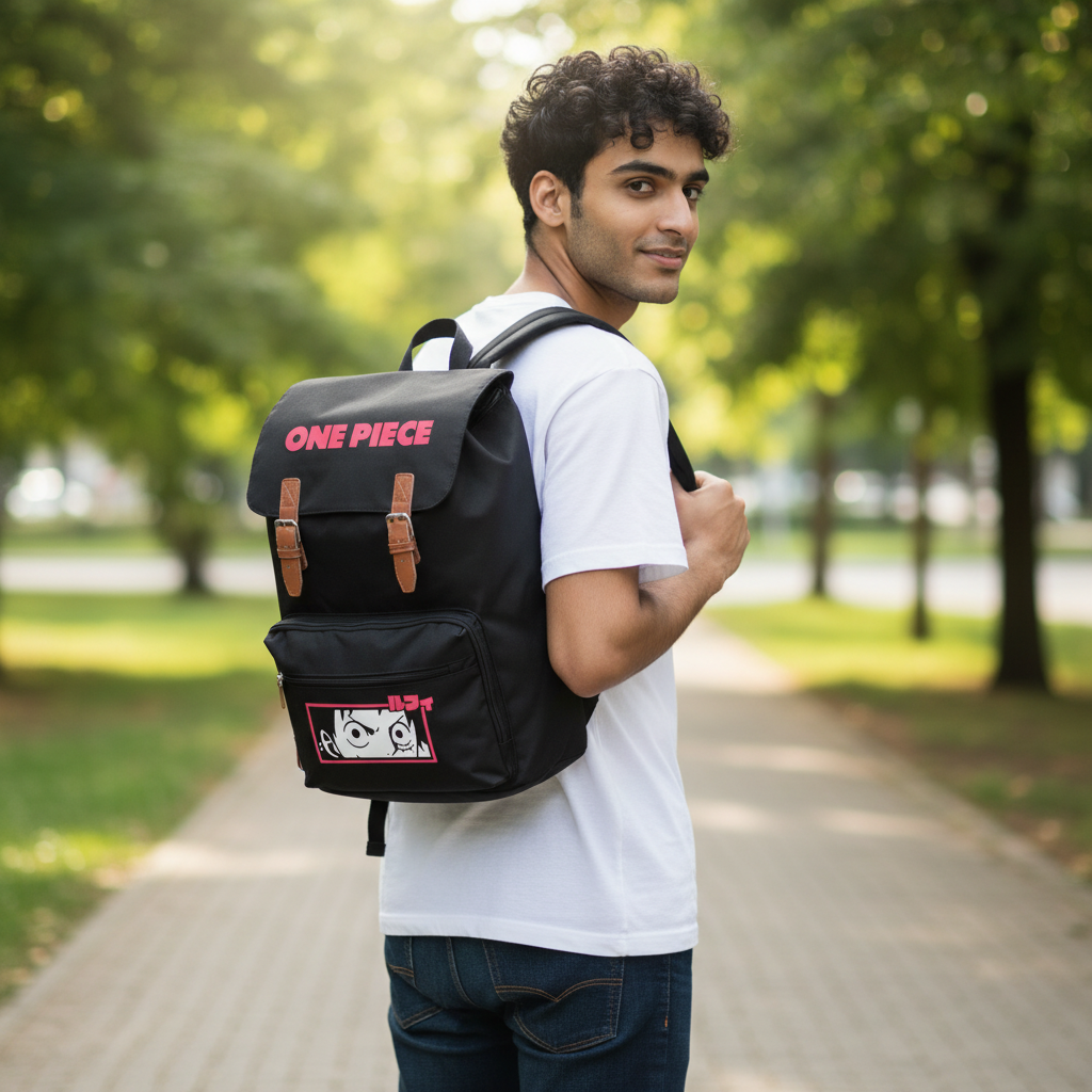 Fans Geek Store One Piece XXL backpack featuring Luffy, black polyester with brown straps, worn by a young man outdoors