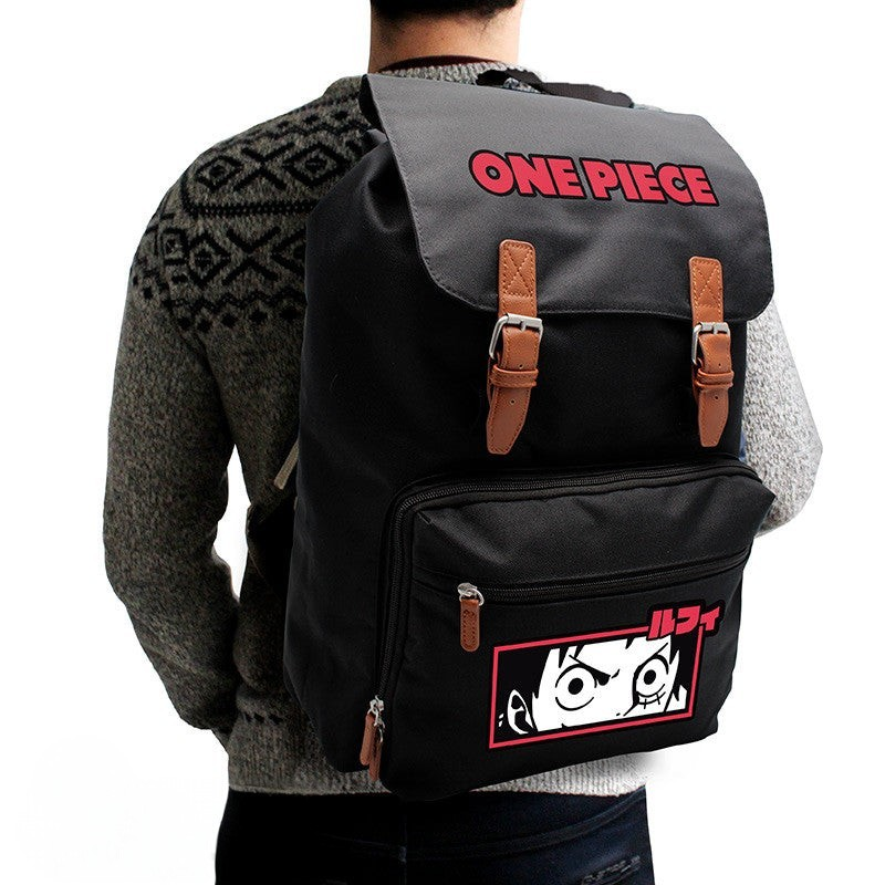 Fans Geek Store black One Piece polyester backpack featuring Monkey D. Luffy graphic, brown straps, and laptop sleeve.