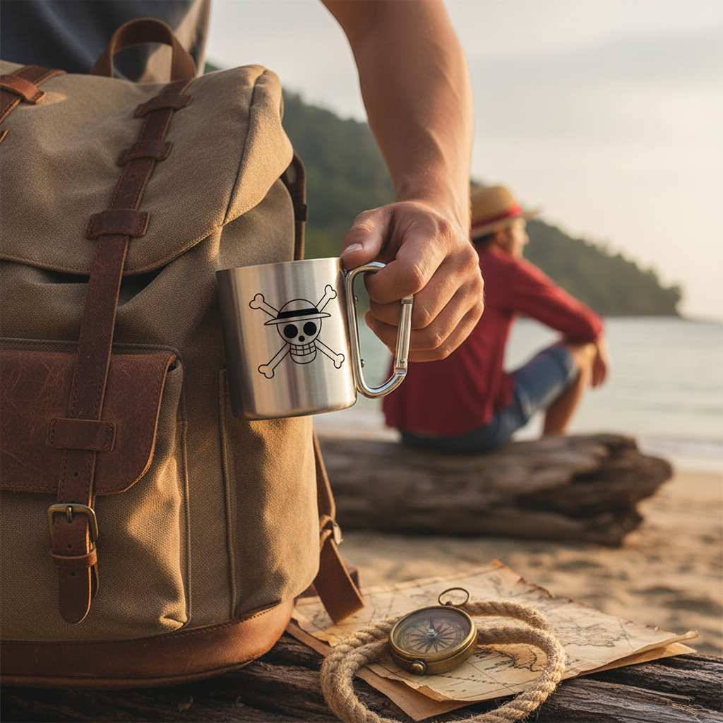 Fans Geek Store stainless steel One Piece Luffy mug with carabiner handle attached to a backpack on a beach