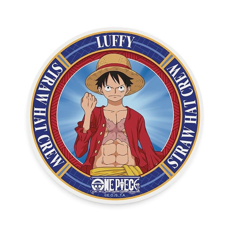 Fans Geek Store round ceramic One Piece coaster featuring Monkey D. Luffy with his iconic straw hat and red shirt