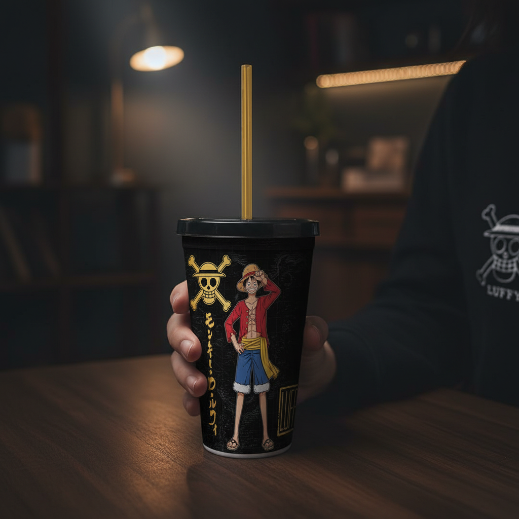 Fans Geek Store One Piece double-walled tumbler featuring Luffy with a straw and screw lid for cold drinks
