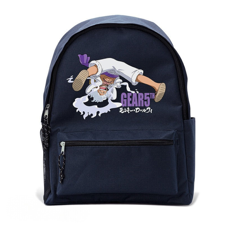 Fans Geek Store navy blue One Piece backpack featuring Luffy in Gear 5 form with a front zip pocket and side mesh.