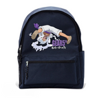 Fans Geek Store navy blue One Piece backpack featuring Luffy in Gear 5 form with a front zip pocket and side mesh.