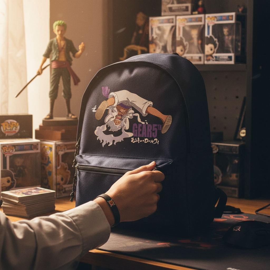 Fans Geek Store One Piece Gear 5 Luffy polyester backpack in navy blue with a spacious main compartment