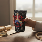 Fans Geek Store One Piece glass featuring Monkey D. Luffy with a black background and pirate motifs held in a hand