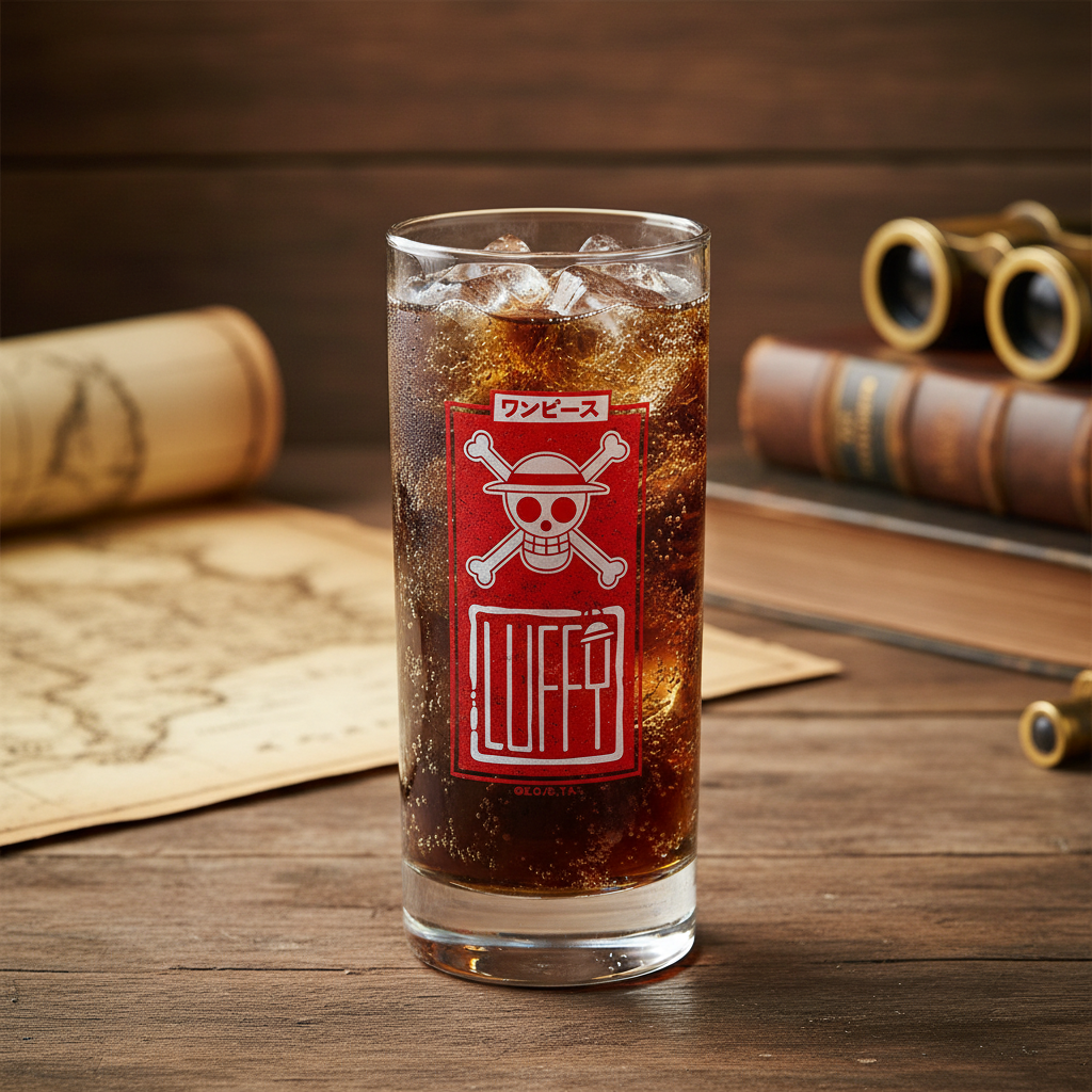 Fans Geek Store One Piece Luffy glass with red Jolly Roger logo filled with cola on a wooden table