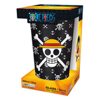 Fans Geek Store One Piece glass featuring a black design with white Luffy skull and crossbones in original packaging