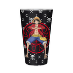 Fans Geek Store One Piece glass featuring Monkey D. Luffy with a black background and white skull and anchor patterns.