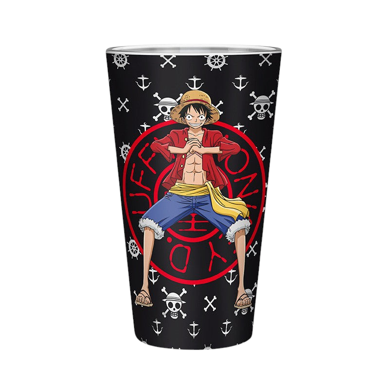 Fans Geek Store One Piece glass featuring Monkey D. Luffy with a black background and white skull and anchor patterns.