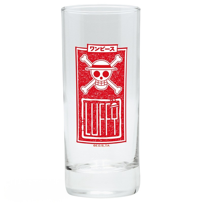 Fans Geek Store One Piece glass featuring the red Luffy Jolly Roger logo, 290ml capacity clear drinking glass