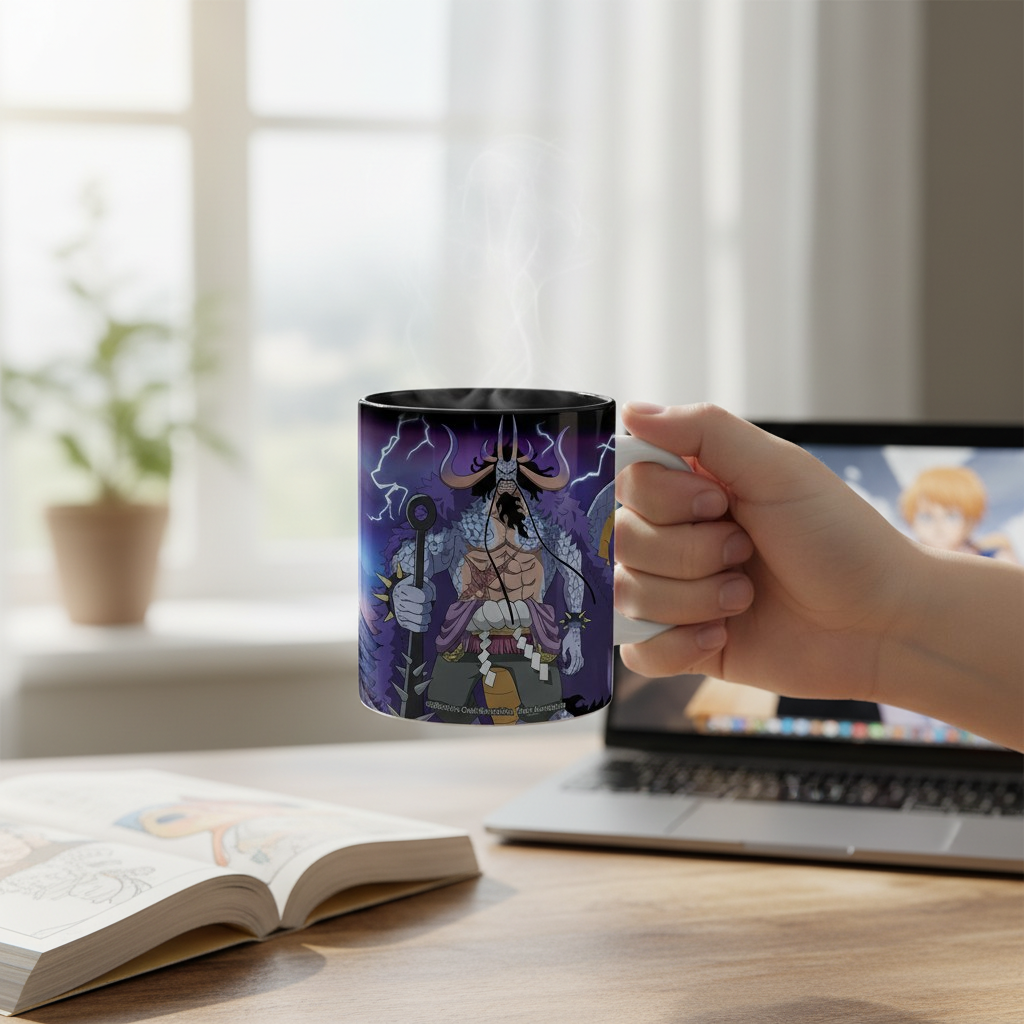 Fans Geek Store ceramic mug featuring Luffy vs Kaidou from One Piece Wano arc held in a hand over a desk