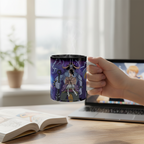 Fans Geek Store ceramic mug featuring Luffy vs Kaidou from One Piece Wano arc held in a hand over a desk