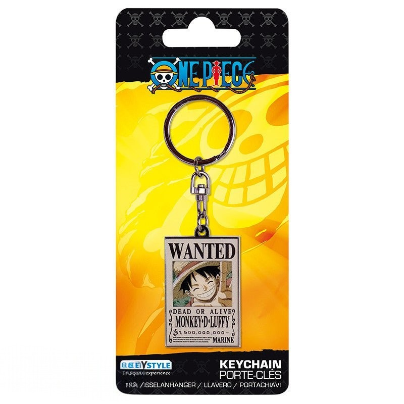 Fans Geek Store metal One Piece keychain featuring Monkey D. Luffy Wanted poster design on branded backing card