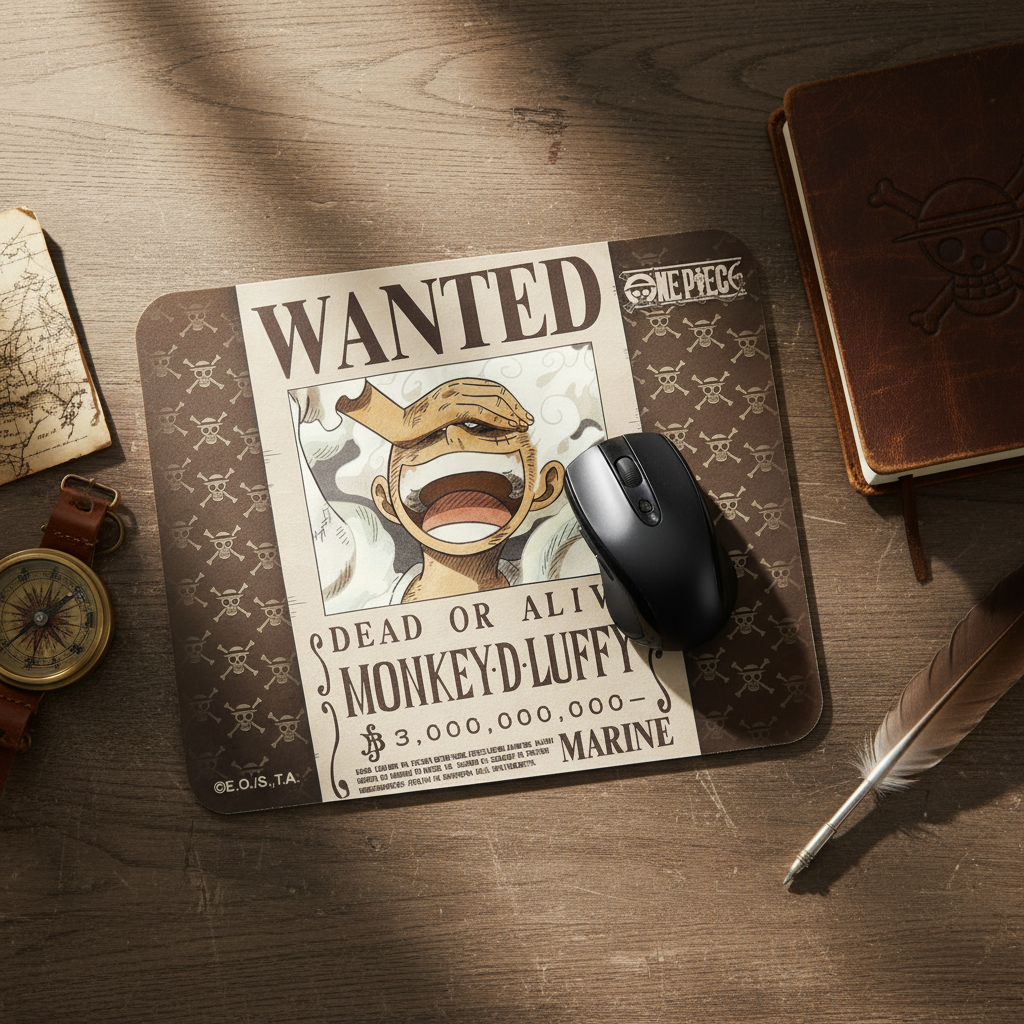 Fans Geek Store One Piece mousepad featuring Monkey D. Luffy wanted poster design with non-slip rubber base