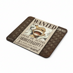 Fans Geek Store One Piece mousepad featuring Monkey D. Luffy Wanted poster design on a brown non-slip rubber base.