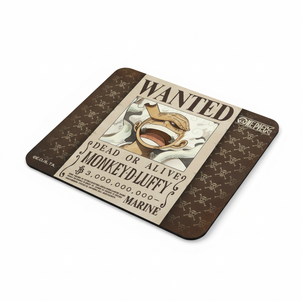 Fans Geek Store One Piece mousepad featuring Monkey D. Luffy Wanted poster design on a brown non-slip rubber base.