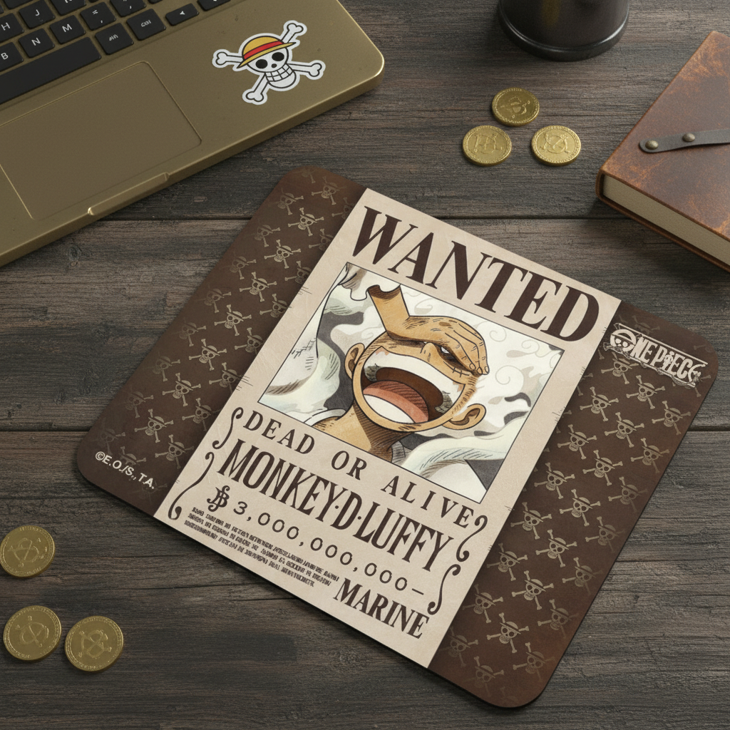Fans Geek Store One Piece mousepad featuring Monkey D. Luffy Wanted poster design on a brown skull pattern background