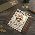 Fans Geek Store One Piece mousepad featuring Monkey D. Luffy Wanted poster design on a brown skull pattern background