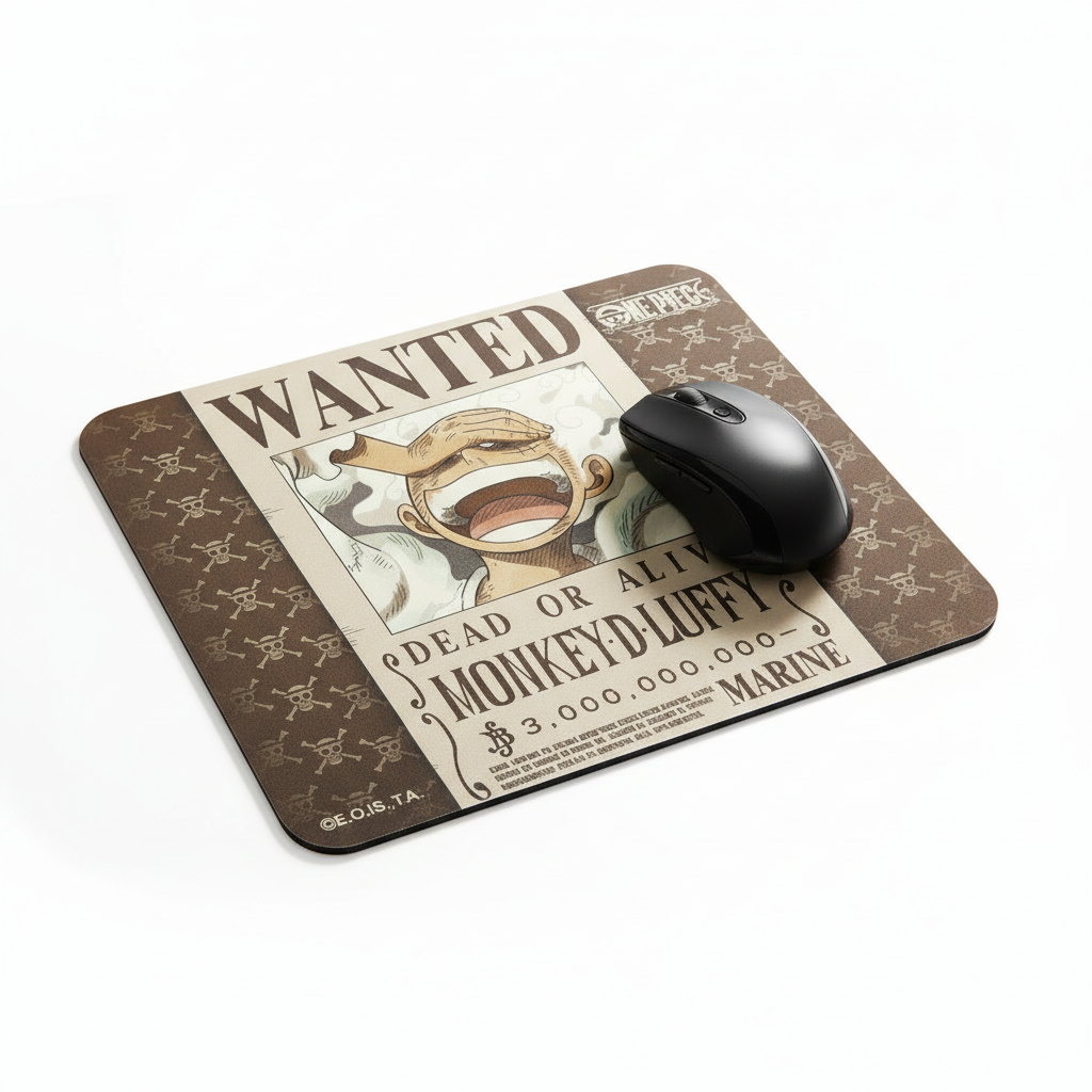 Fans Geek Store One Piece mousepad featuring Monkey D. Luffy Wanted poster design with a black computer mouse on top.
