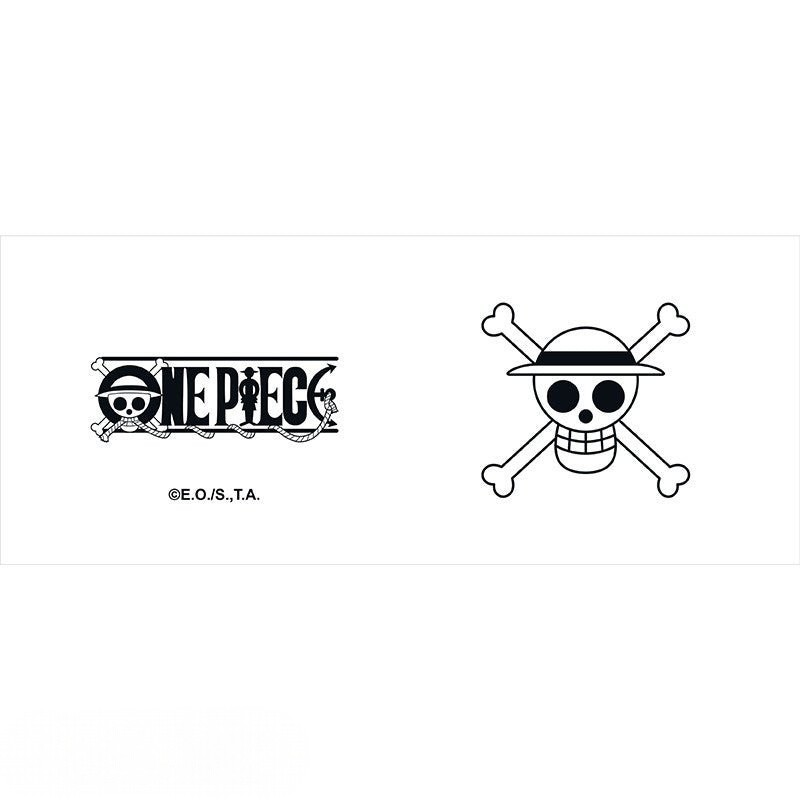 Fans Geek Store One Piece mug featuring the Luffy straw hat skull logo and official anime series branding