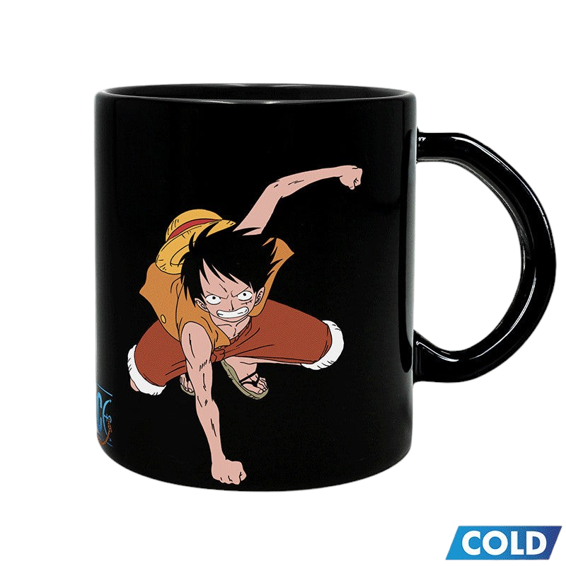 Fans Geek Store One Piece heat-changing glass mug featuring Luffy in a dynamic pose on a black background