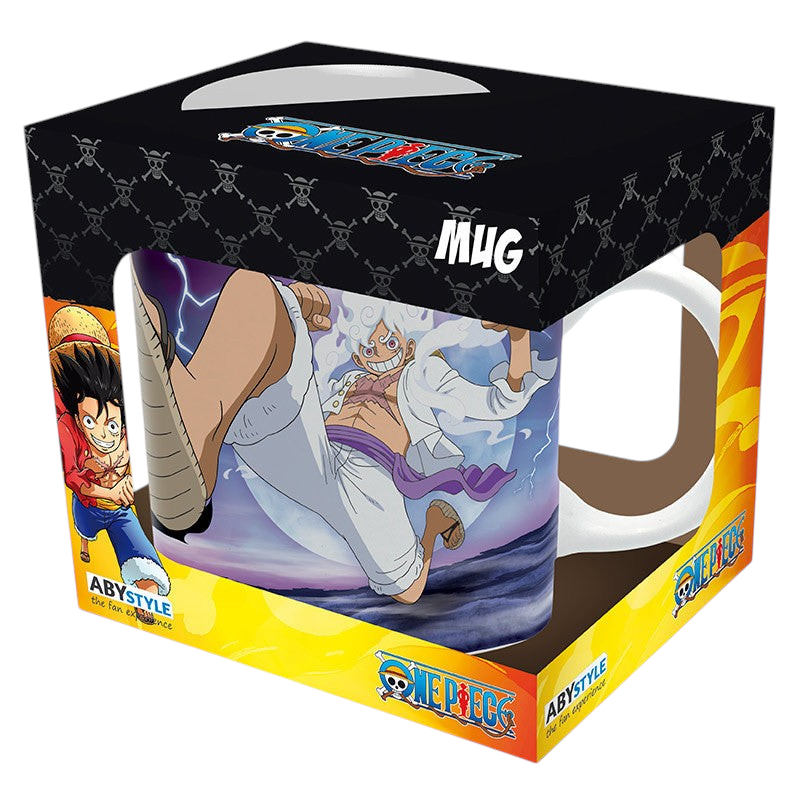 Fans Geek Store One Piece ceramic mug featuring Luffy in Gear 5 form against Kaidou in its original display box.