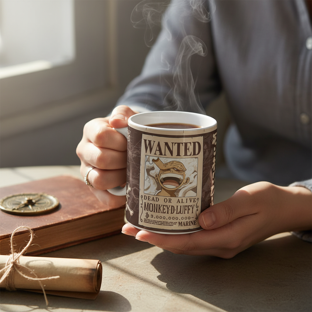 Fans Geek Store ceramic One Piece mug featuring Monkey D. Luffy wanted poster design held by a person