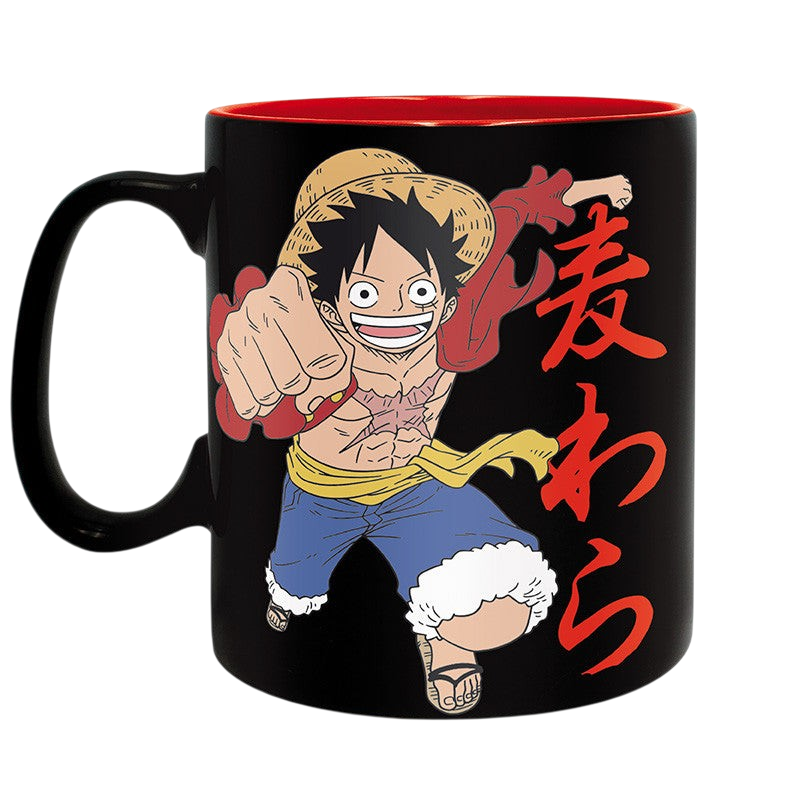 Fans Geek Store One Piece ceramic mug featuring Monkey D. Luffy in a punching pose with red interior and black handle