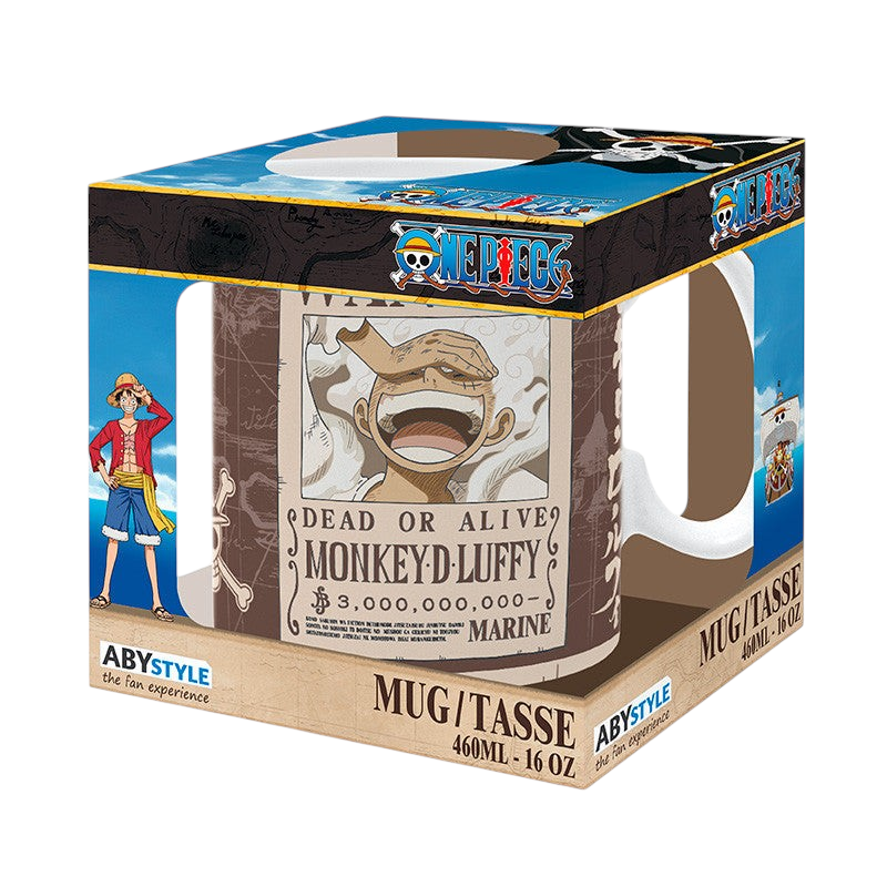 Fans Geek Store One Piece ceramic mug featuring Monkey D. Luffy's 3 billion berry wanted poster design in box