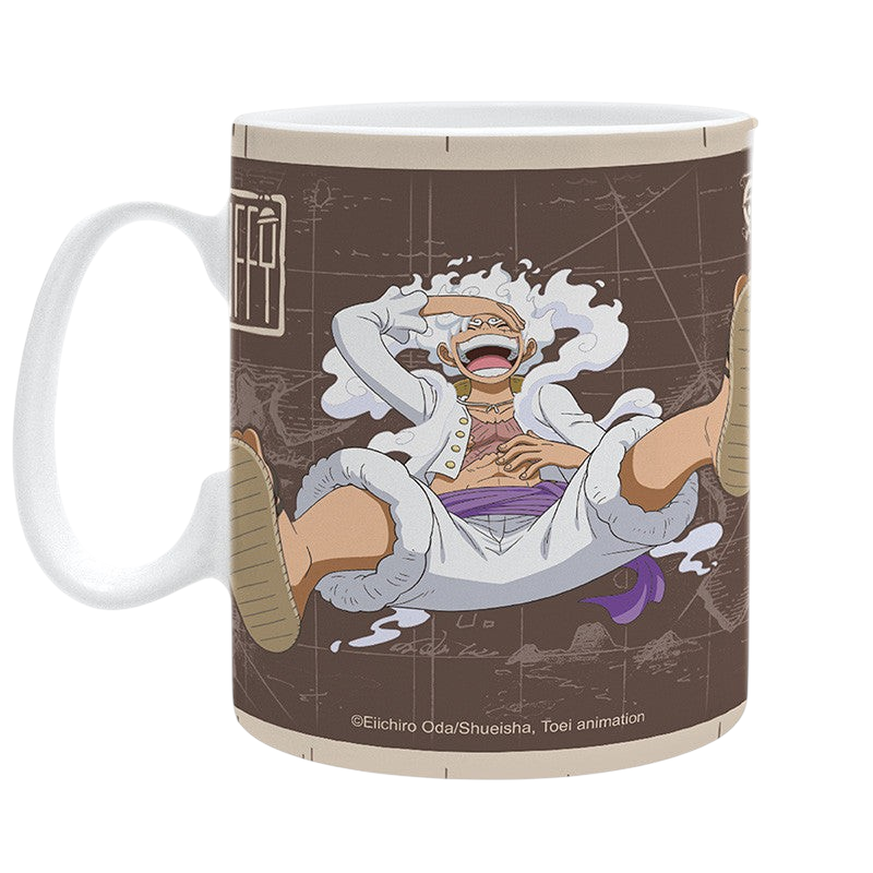 Fans Geek Store One Piece ceramic mug featuring Luffy in Gear 5 form against a brown wanted poster background