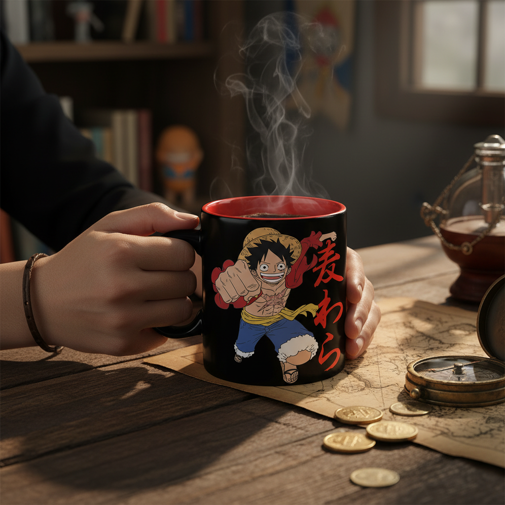 Fans Geek Store One Piece ceramic mug featuring Monkey D. Luffy and Straw Hat pirate skull design, 460ml capacity