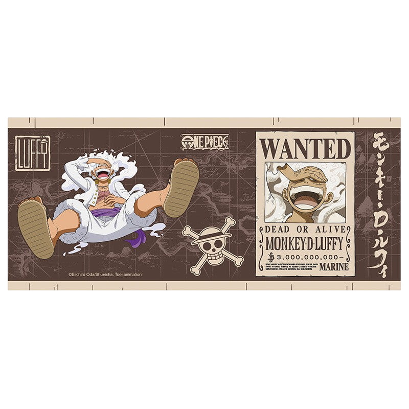 Fans Geek Store One Piece ceramic mug featuring Luffy Gear 5 and his Wanted poster design in brown and white