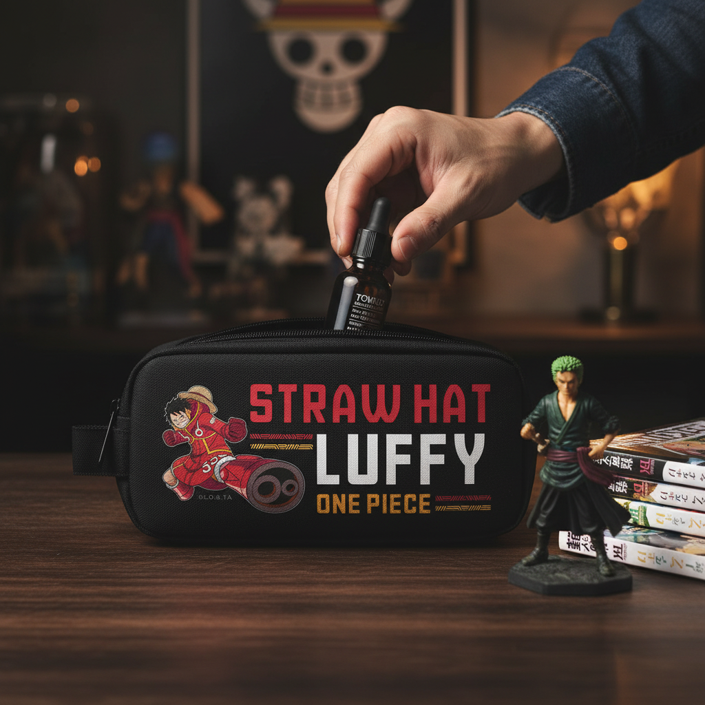 Fans Geek Store One Piece Egghead pencil case featuring Monkey D. Luffy on black polyester with a sturdy zipper.