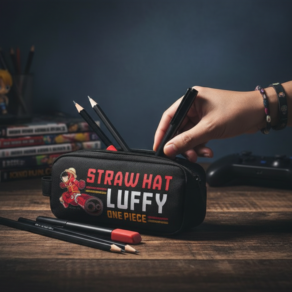 Fans Geek Store One Piece polyester pencil case featuring Monkey D. Luffy on a desk with pencils and a hand