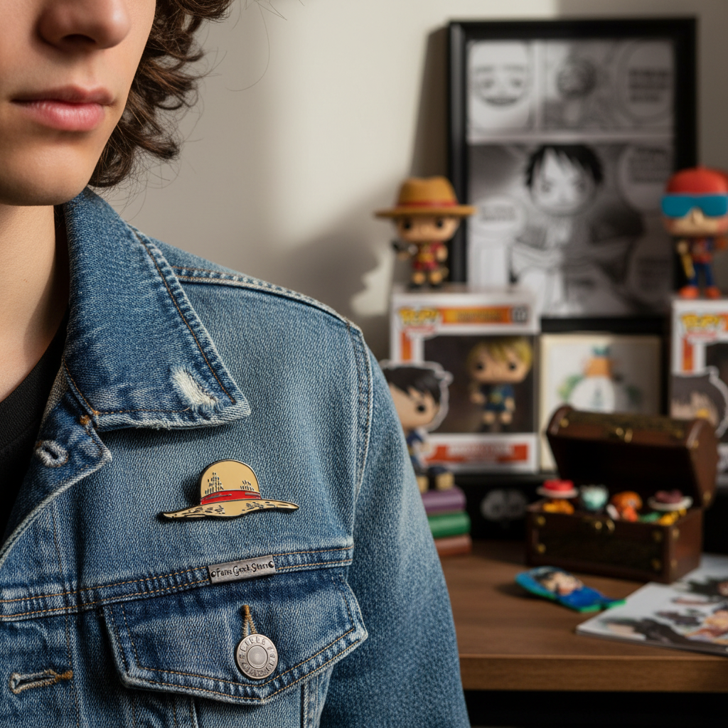 Fans Geek Store metal One Piece Luffy straw hat pin attached to a blue denim jacket