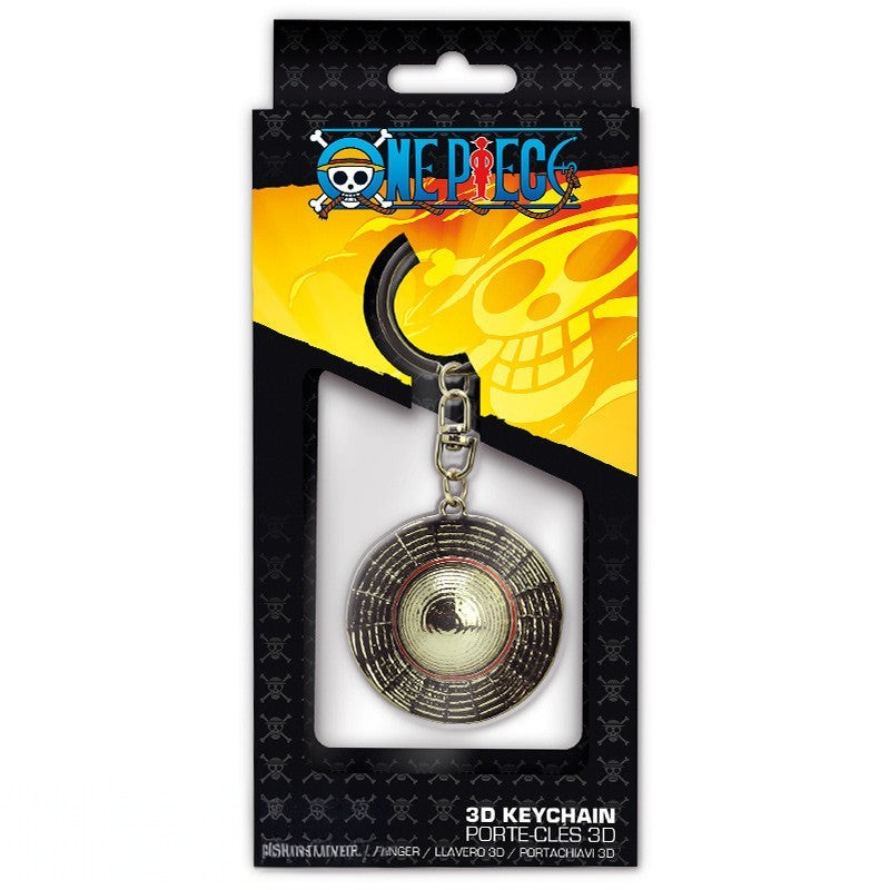 Fans Geek Store One Piece 3D metal keychain featuring Luffy's iconic straw hat in retail packaging
