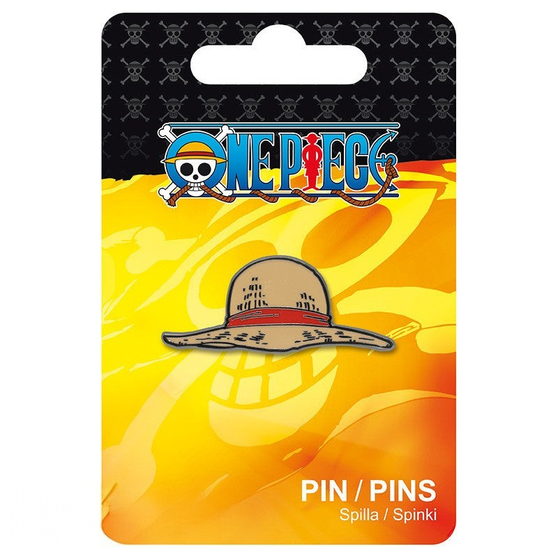 Fans Geek Store One Piece metal pin featuring Luffy's iconic straw hat with a red ribbon on branded backing card.